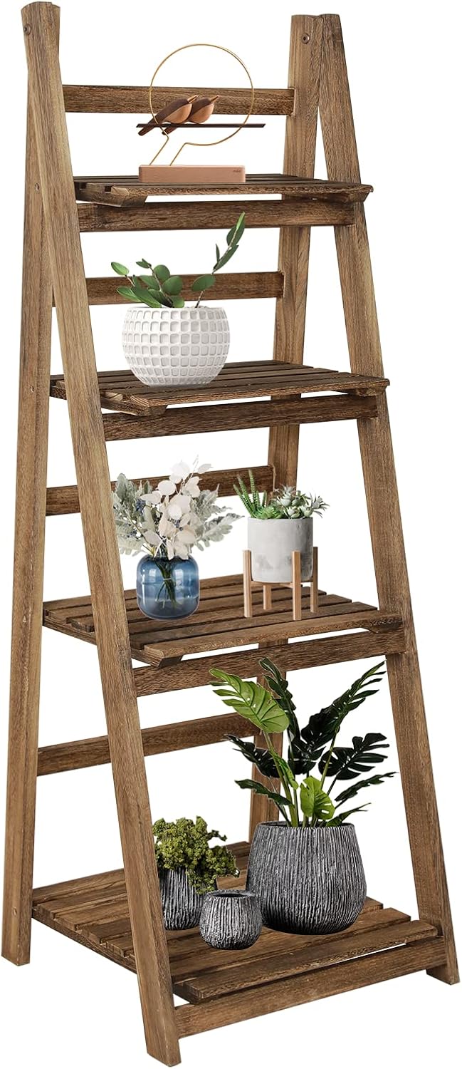 Babion 4 Tier Ladder Shelf, Industrial Home Office Ladder Bookcase and 4 Tier Bookshelf, Wooden Shelf with Stable Frame Plant Stand Storage Rack Shelf, Light Brown