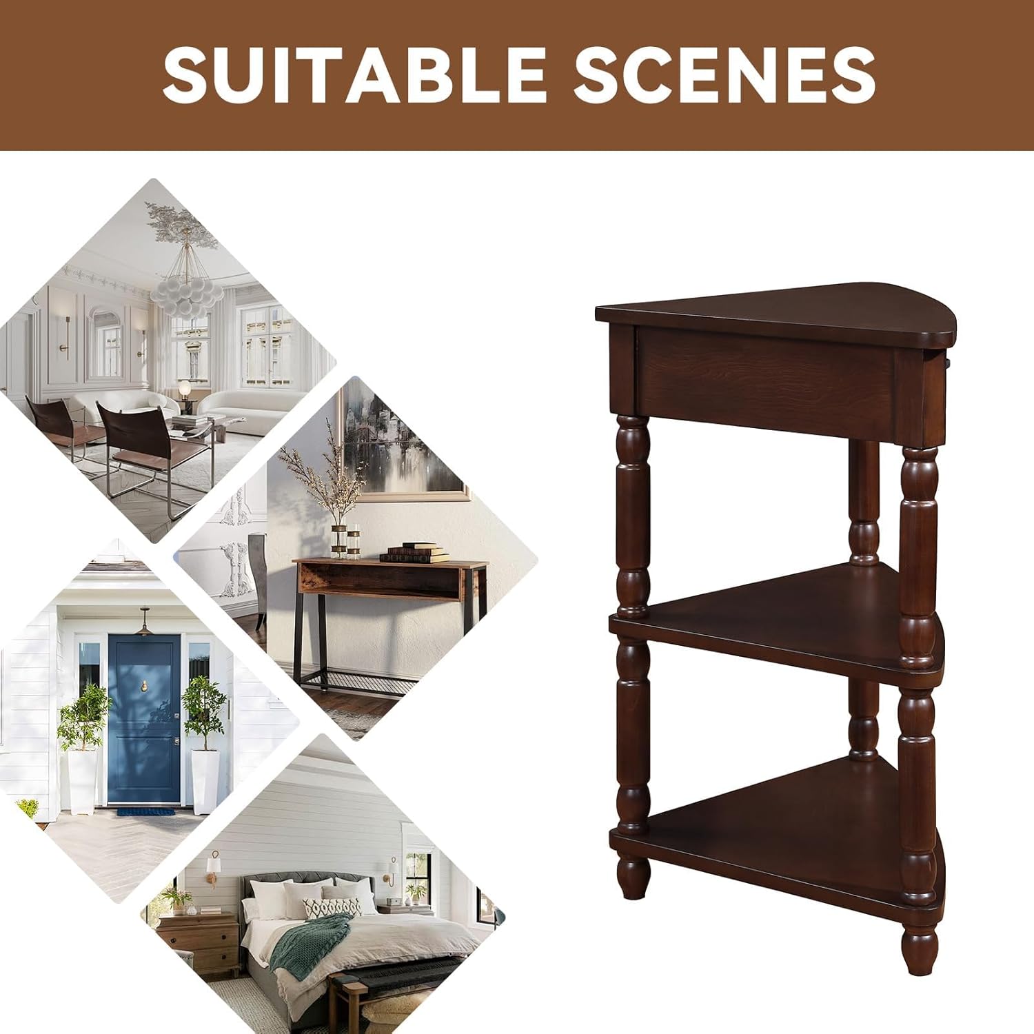 Classical Triangle Corner Table with Storage Drawer, Solid Wood Legs U847779