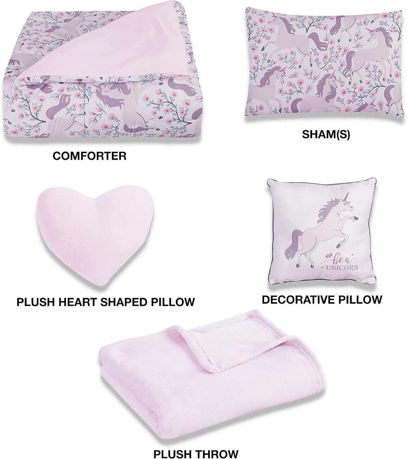 Floral Unicorn Kids Comforter Set Twin Size, 5-Piece Bedding with Throws and Pillow Shams F128