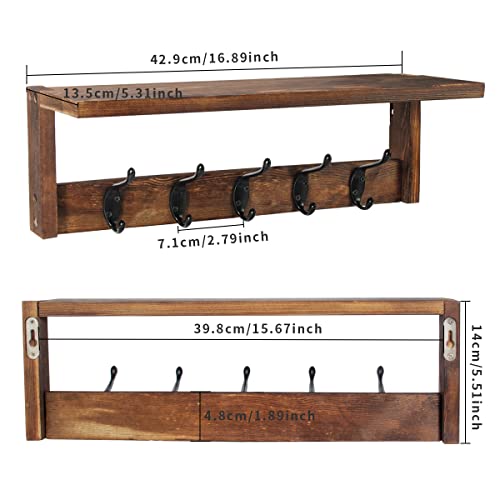 2 Pack Wall Mount Coat Rack with Shelf, Wood Hooks, Rustic Brown M99221