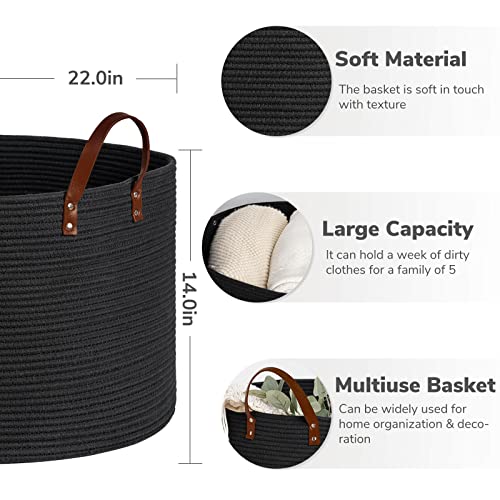 CHICVITA Woven Laundry Basket with Leather Handles, Large Storage Hamper, Dark Gray M130
