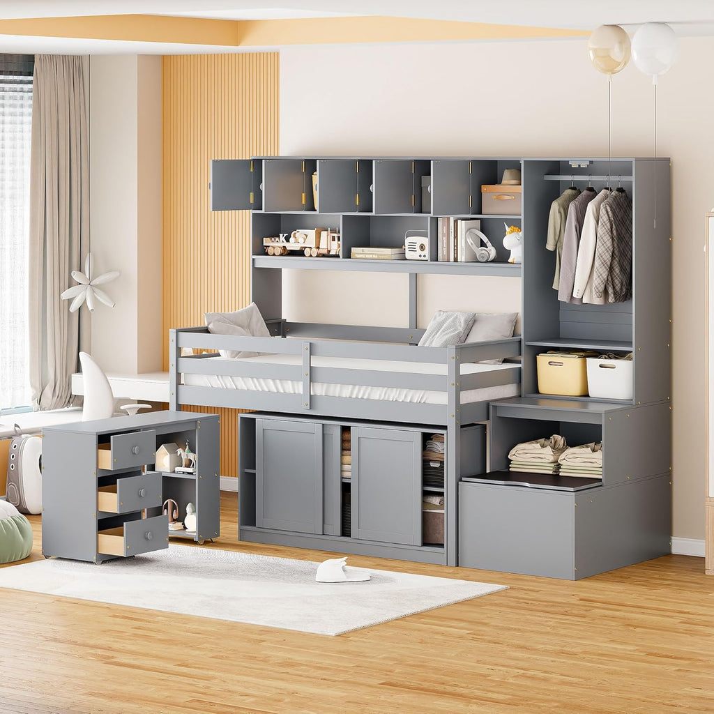 Twin Size Loft Bed for Kids with Desk, Storage Stairs and Wardrobe, Gray P5870