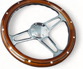 14" Classic Nostalgia Wood Grain Steering Wheel - 350mm, 3-Spoke, Mahogany Wood Grip, Chrome Finish