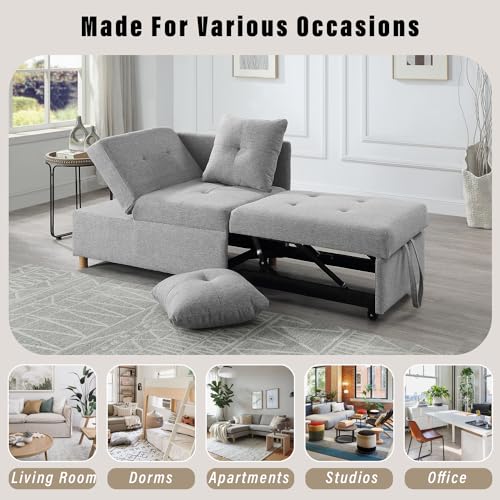 Pull Out Sleeper Sofa Bed Chair 4-in-1 Convertible, Linen Fabric Loveseat with 2 Throw Pillows, Light Gray B7065