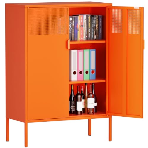 Metal Storage Buffet Sideboard, Adjustable Shelves, Buffet Table, TV Stand, Coffee Bar Cabinet for Kitchen, Living Room (Orange, 47")