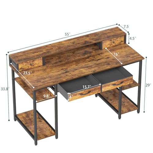 Treesland 55 Inch Computer Desk with Monitor Shelf and 4 Drawers, Brown H215288