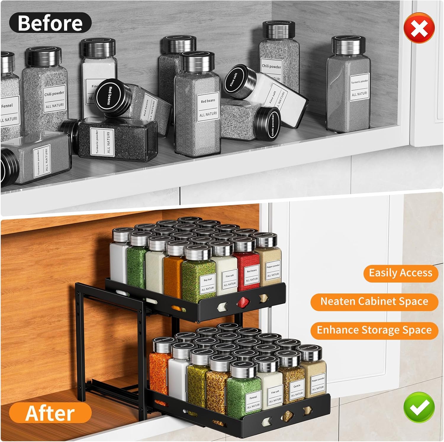 RCHYFEED 2-Tier Pull Out Spice Rack Organizer for Cabinet, Black A60971