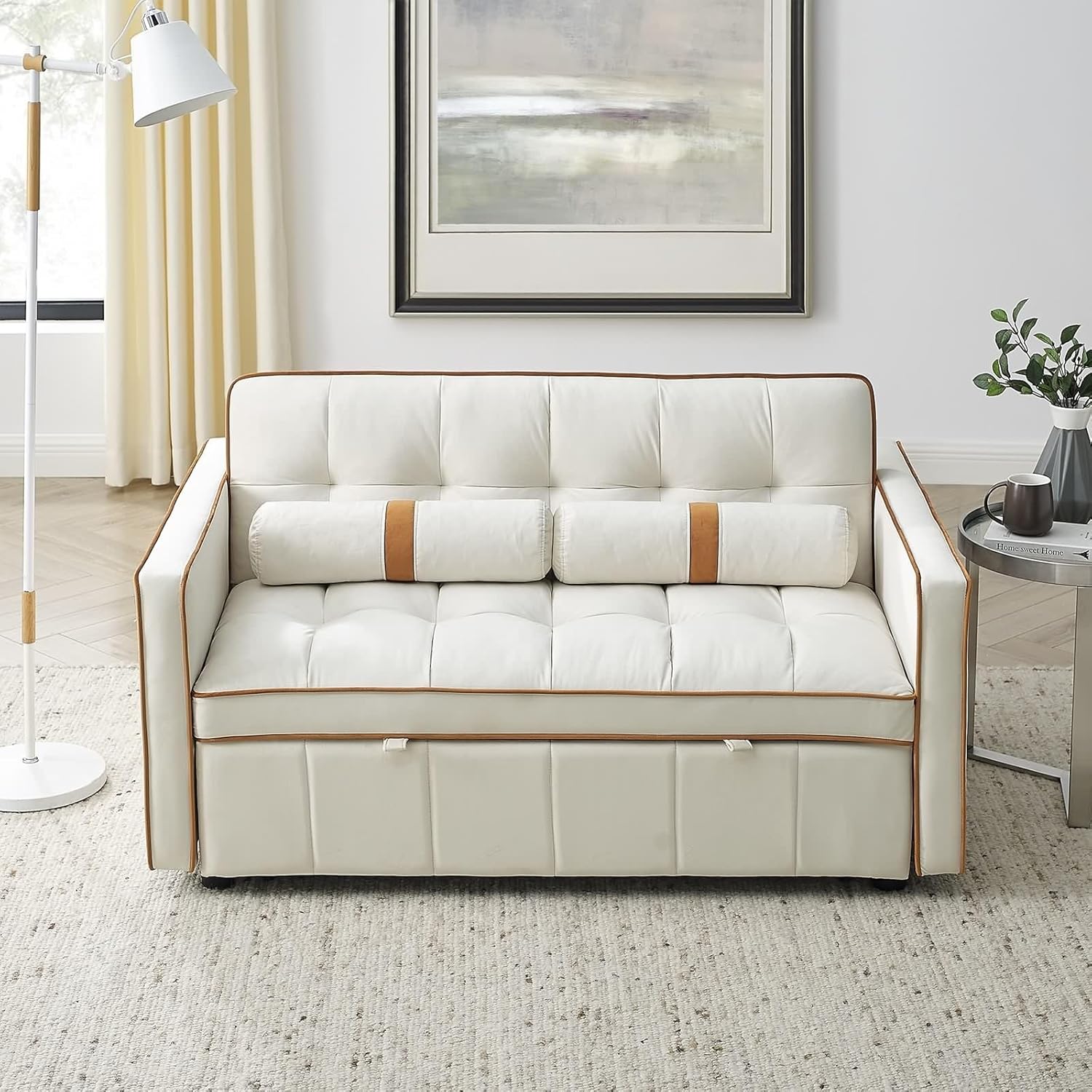 Modern 55.5" Pull Out Sleep Sofa Bed with Side Pockets, Beige K31338
