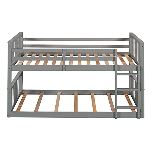 Harper & Bright Designs Solid Wood Twin over Twin Low Bunk Bed with Ladder and Guard Rail, Gray B944521
