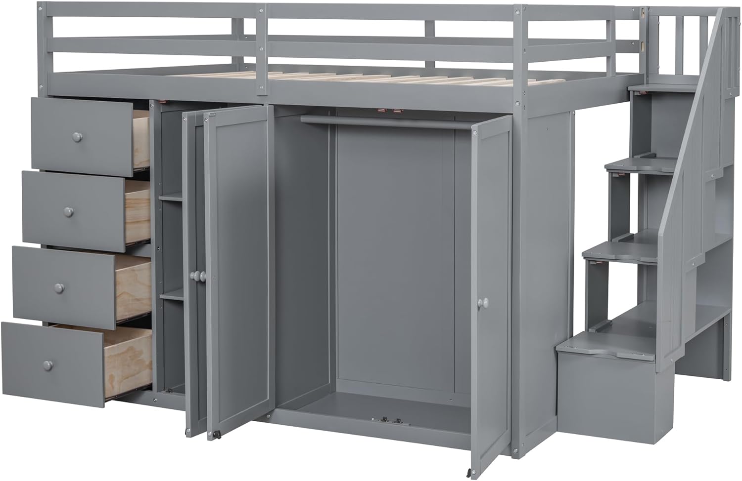 Full Size Wooden Loft Bed with Built-in Wardrobes and Staircase, Gray R8935