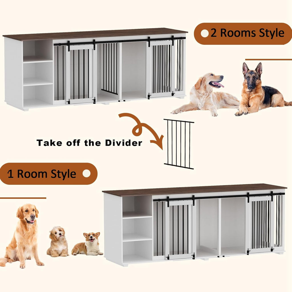 Large Dog Crate Furniture 86.6" Wooden Kennel for 2 Dogs with Shelves, White N47059