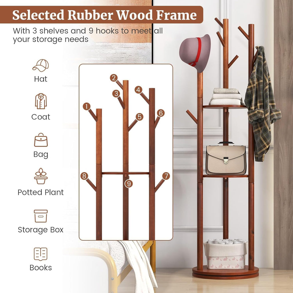 Rotary Coat Rack, Wooden Freestanding with 3 Shelves and 9 Hooks, Walnut F8917