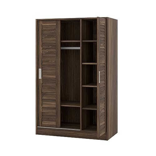 3 Door Wardrobe Armoire with Sliding Doors and Storage Shelves, Walnut X563