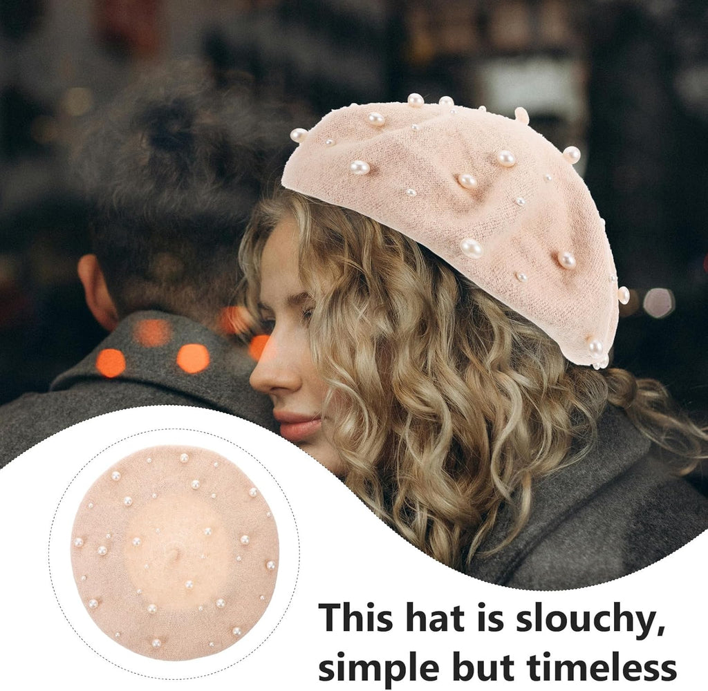 Beret Pearl Autumn Winter Cashmere Starry Beaded Wool Beret Beige V148989