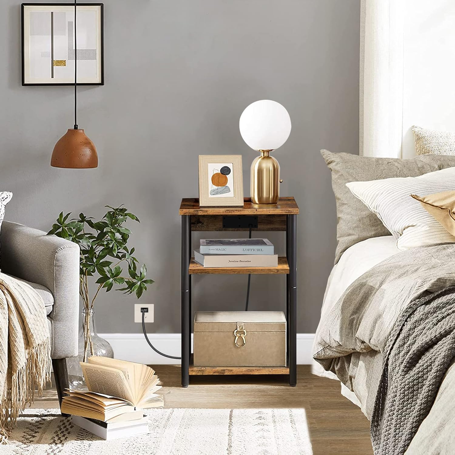 TUTOTAK End Table with Charging Station, 3-Tier Storage Shelf R41158