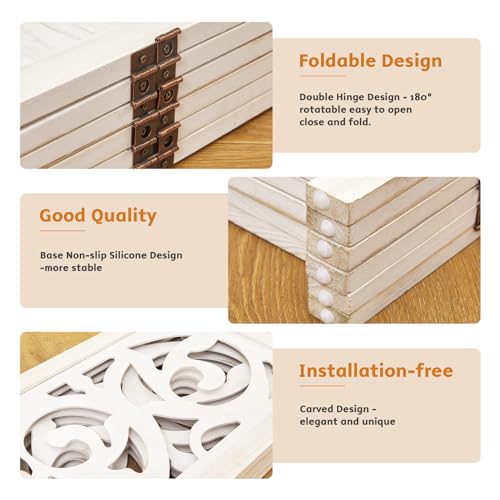 Folding Room Divider 6 Panels Wood Carved Privacy Screen White-Washed D48058