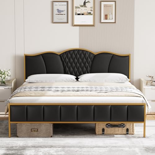 Bed Frame, King Bed Frame and Headboard, Platform Bed, Faux Leather, Metal Frame, Tufted Modern No Box Spring Needed, Strong Wooden Slats, Gold and Black
