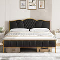 Bed Frame, King Bed Frame and Headboard, Platform Bed, Faux Leather, Metal Frame, Tufted Modern No Box Spring Needed, Strong Wooden Slats, Gold and Black