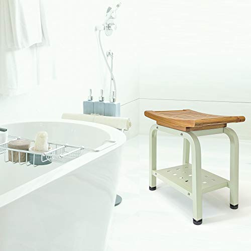 Ritz Shower Bench Teak & Aluminum Stool with Storage Shelf, Light Sage W40022